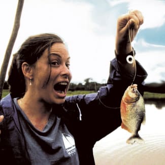 Woman with a fish on a hook